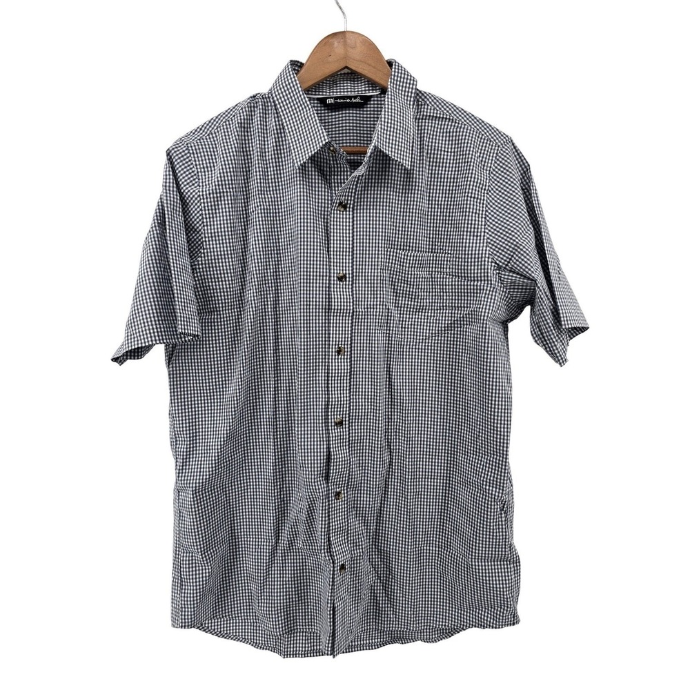 TravisMathew Shirt Mens Large Gingham Blue Short Sleeve Button-Down EUC